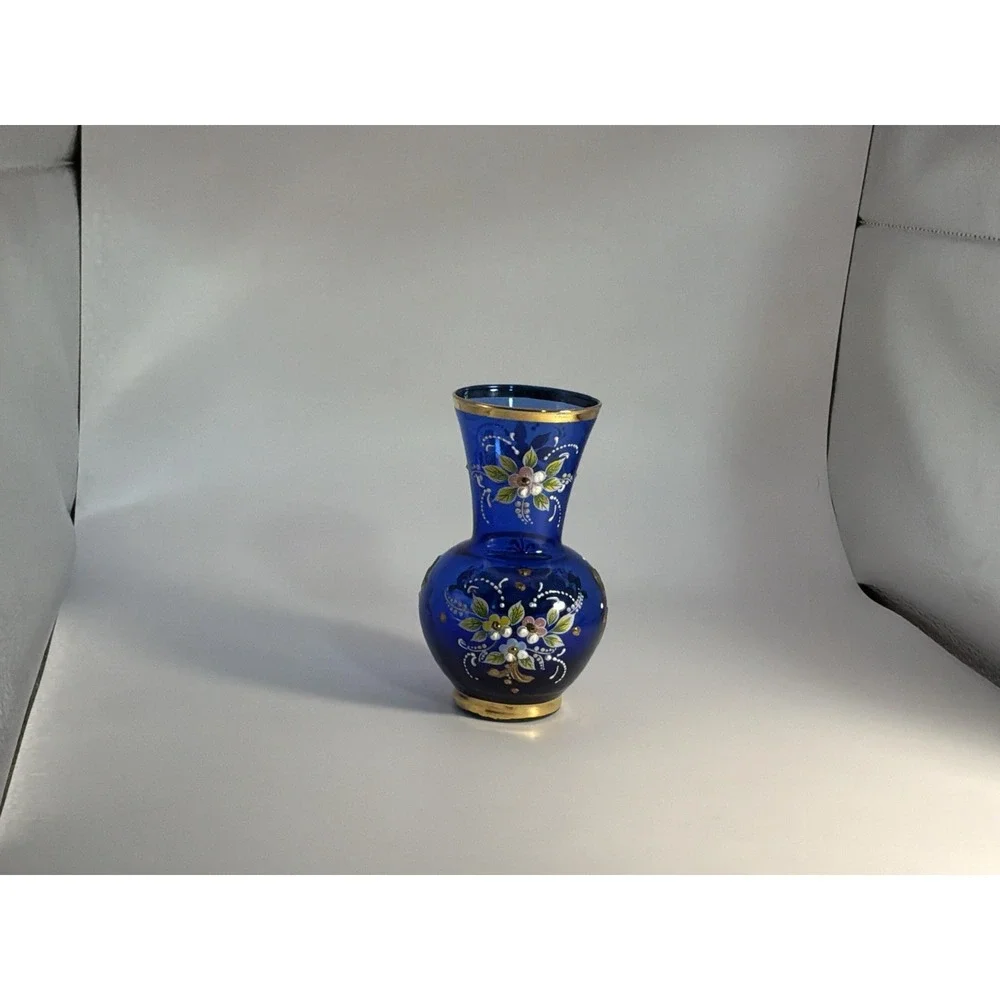 Cobalt Glass Blue Raised Enamel Floral Painting Gilded Gold‎ Filigree